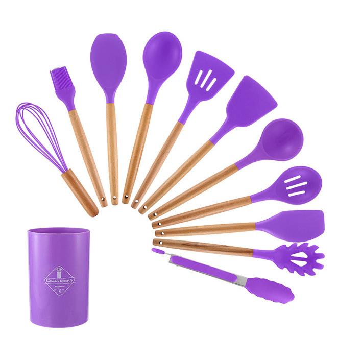 Silicone Wooden Handle Kitchenware Set 12-piece Set High Temperature Resistant Non-stick Pan Scoop Clip Kitchenware Bucket Baking Utensils