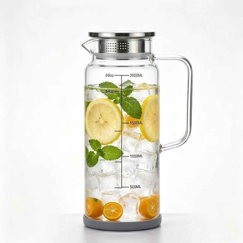 JUSTINLAU Cold Water Kettle High Borosilicate Glass Juice Pitcher with Scale Line & Handle & Lid Summer Cold Water/Drink Pitcher