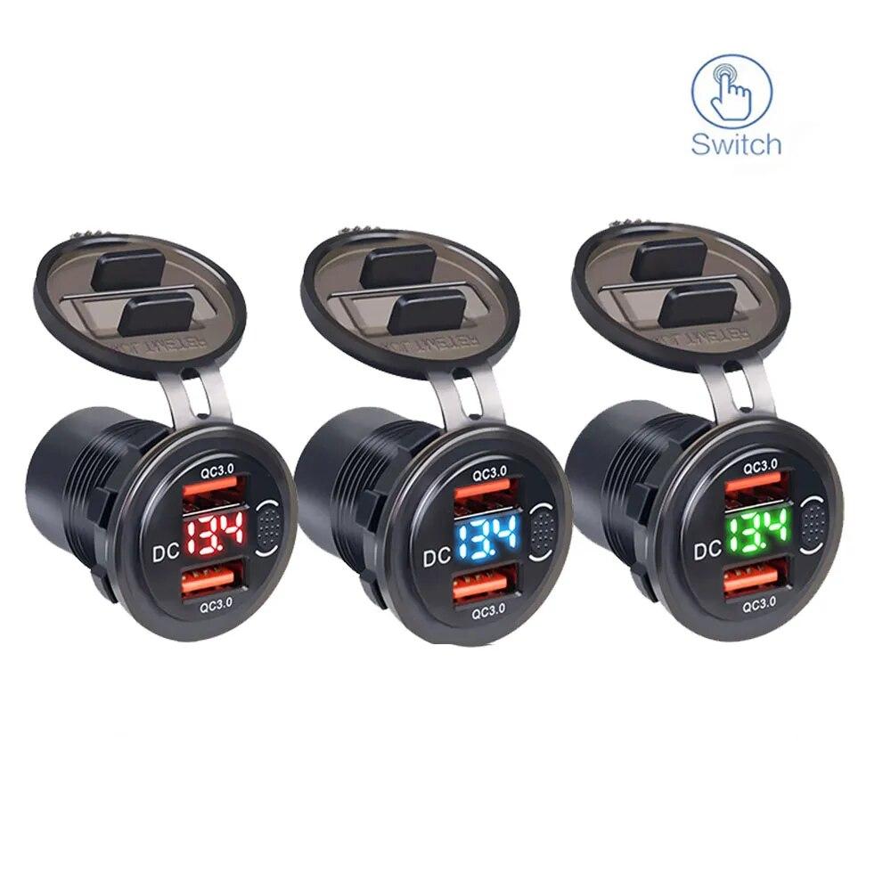 Автомобильное зарядное устройство с двумя USB-портами, 12–24 В, 36 Вт, адаптер быстрой зарядки QC 3,0 с переключателем, светодиодный дисплей напряжения, водонепроницаемое автомобильное зарядное устройство