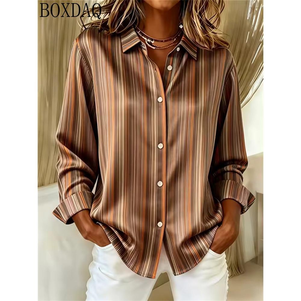 Women's Summer Button Up Blouse with Multi Colored Striped Print Lapel Women's Shirt Long