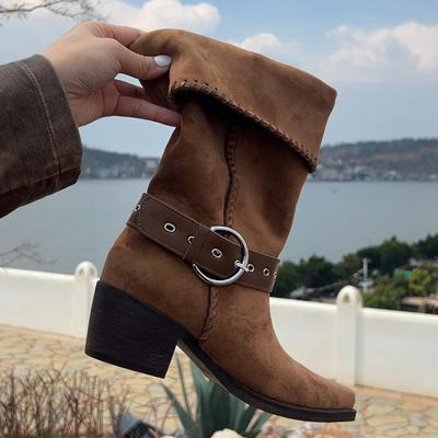 Модные женские высокие сапоги 2025 Женские новые ретро коричневые западные ковбойские ботильоны Готические с квадратным носком Широкие женские длинные сапоги Туфли-лодочки