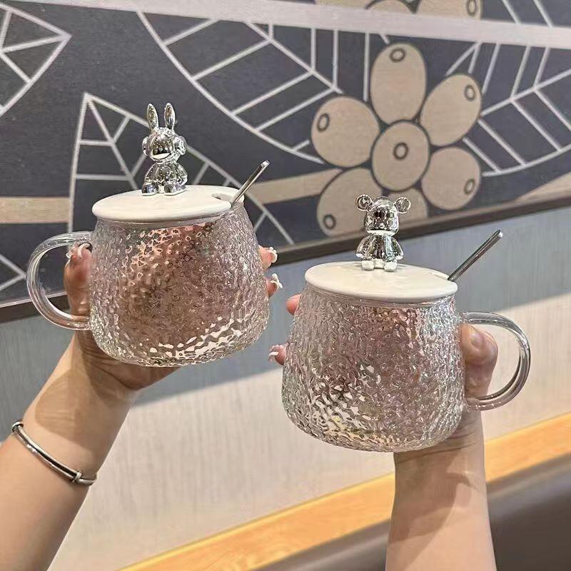 Стеклянный стакан для воды Changqi с молотковым эффектом, с крышкой и ложкой