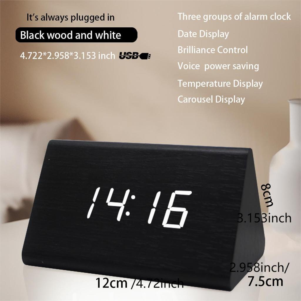Multi-function LED Alarm Clock Digital Plug-in Clock, Bamboo Voice Control Clock, Adjustable Brightness, Alarm Time, Display Time Date Temperature