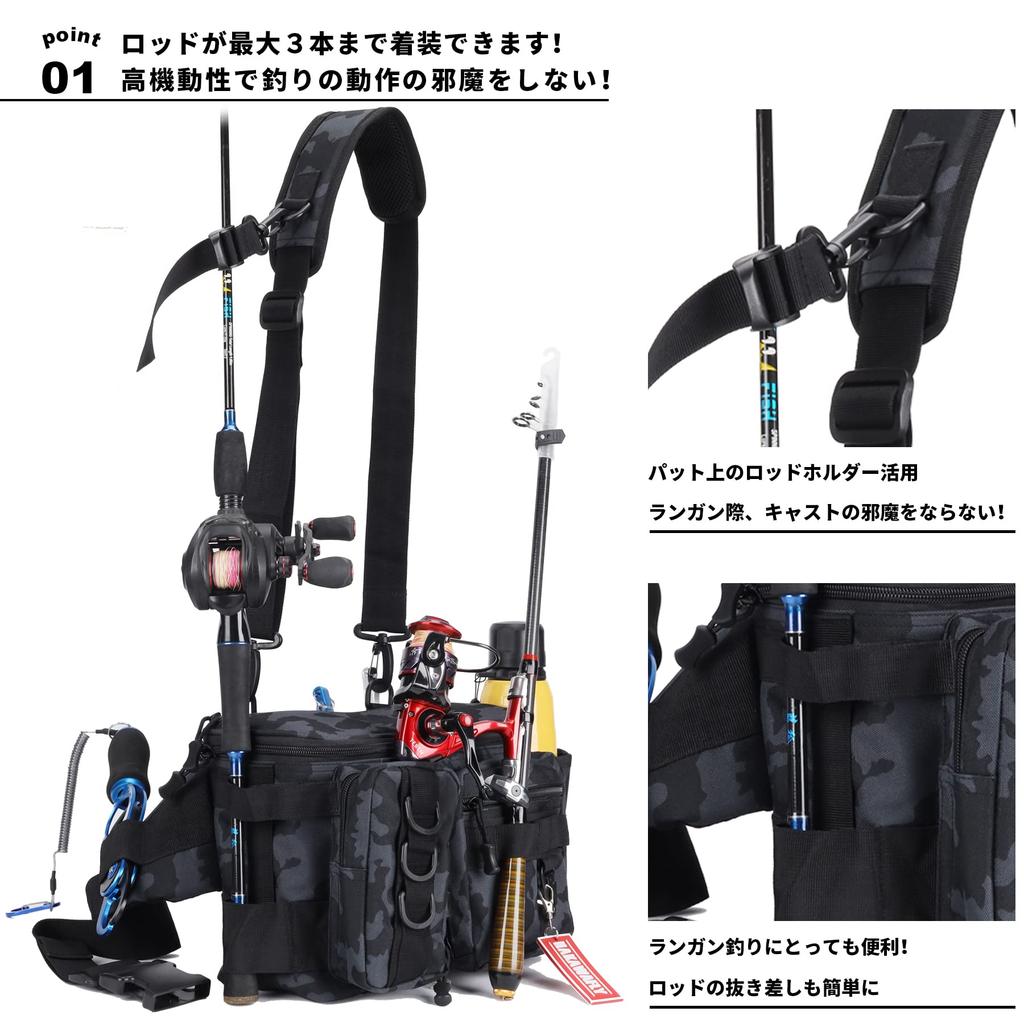 HAKAWAFLY Fishing Large Waist Wide Fishing Tackle Waterproof Hip or Left Shoulder Includes 2 Rod Holders and 5 Carabiners Bag, Wide-Mouth, Capacity,