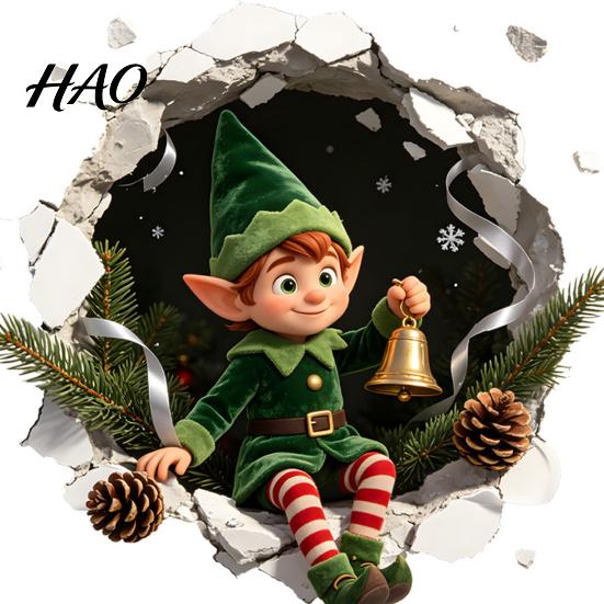 Decorative PVC Decals for Christmas 3D Toilet Sticker, Cute Elf Boy Breaking Through Wall Decal, Art Decor Funny Cracked Seat Cover Sticker