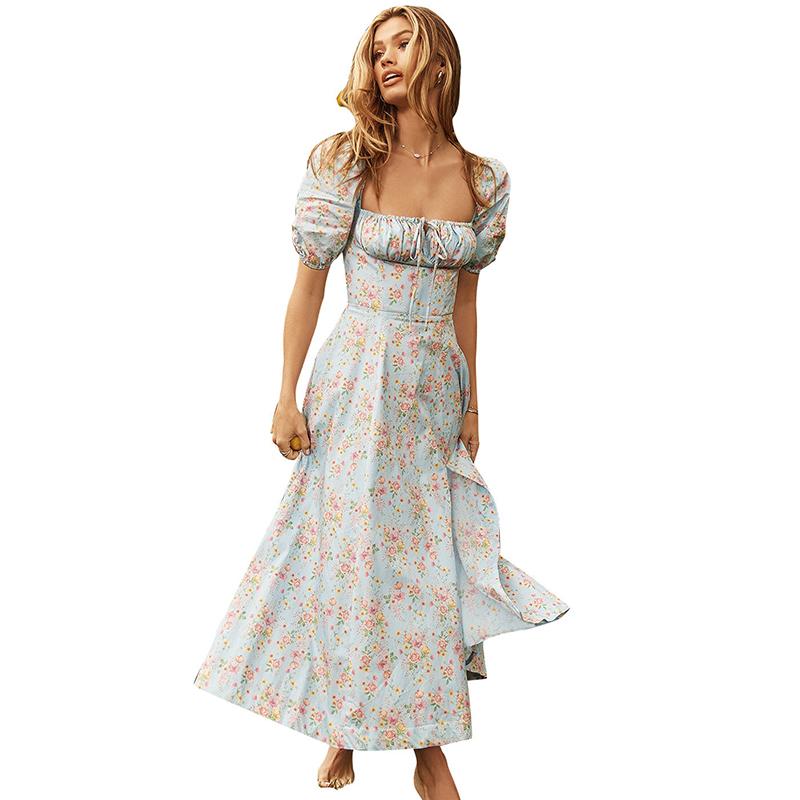 Летнее платье с высокой талией и цветочным принтом на одно плечо, модное платье-фонарик с коротким рукавом и цветочным принтом, элегантное длинное платье со шнуровкой и разрезом 26212