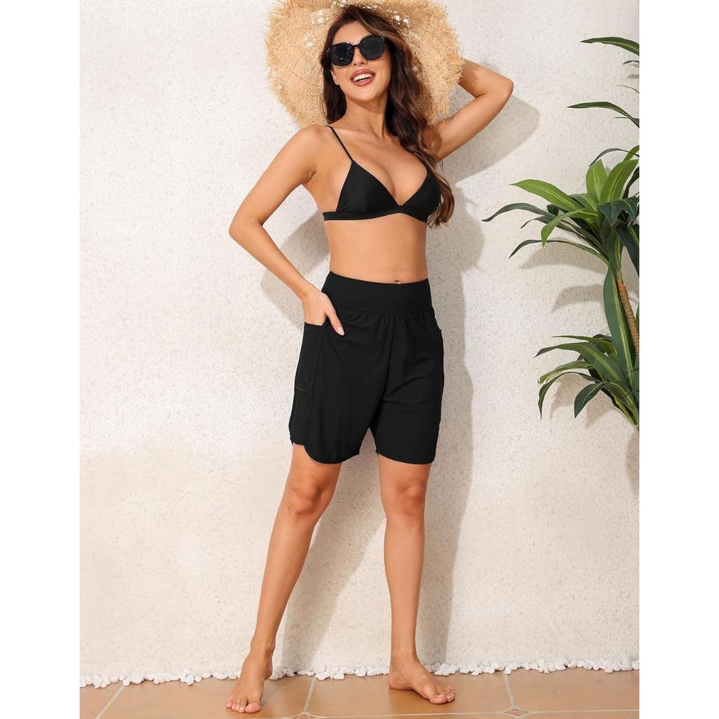 CHARMLEAKS Women's 6" Swim Shorts High Waisted Board Shorts with Pockets Quick Dry UPF50+ Swimsuit Bottoms Built-in Brief