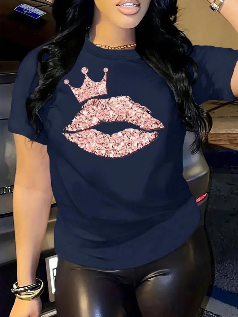 Женская повседневная базовая футболка свободного кроя с графическим принтом «Сексуальные губы с короной», летняя футболка с коротким рукавом и круглым вырезом, классическая модная футболка