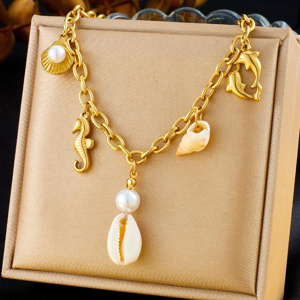 Fashion Vacation Ocean Drop Oil Dolphin Pearl Shell Starfish Chunky Chain Necklace