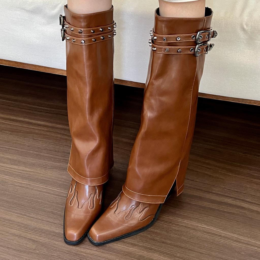 Fold Over Boots for Women Covered Wedge Heel Knee High Boots Wide Calf Pointed Toe Casual Boots Women's Slouchy Chunky Block Heel Tall Long Booties
