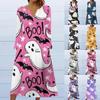 Women's Halloween Printed Round Neck Long Sleeved Dress, Party Casual Dress