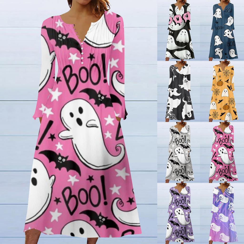 Women's Halloween Printed Round Neck Long Sleeved Dress, Party Casual Dress