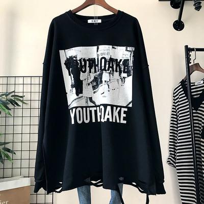 Осень Женские Футболки Большого Размера с Рваными Длинными Рукавами, Свободные Повседневные Толстовки Худи Оверсайз, Топы, Черный Белый Пуловер