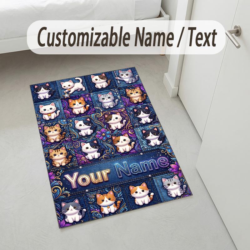 Cat Theme Crystal Velvet Rug Personalized Custom Name Text Soft Floor Mat Home Decor