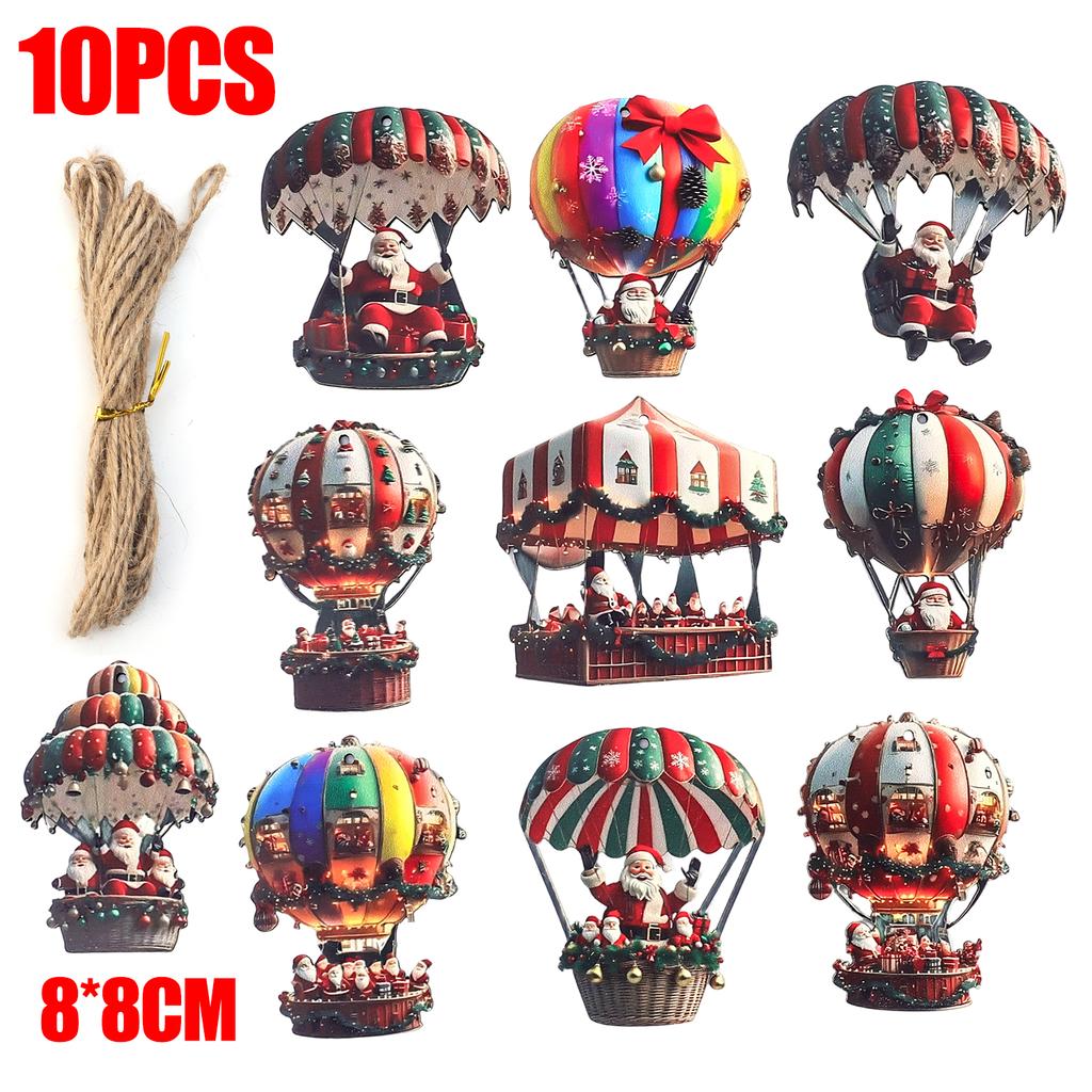 10PCS Santa Claus Parachute Wooden Pendant Christmas 2D Flat Wooden Ornaments Christmas Tree Decoration Perfect New Year Gift