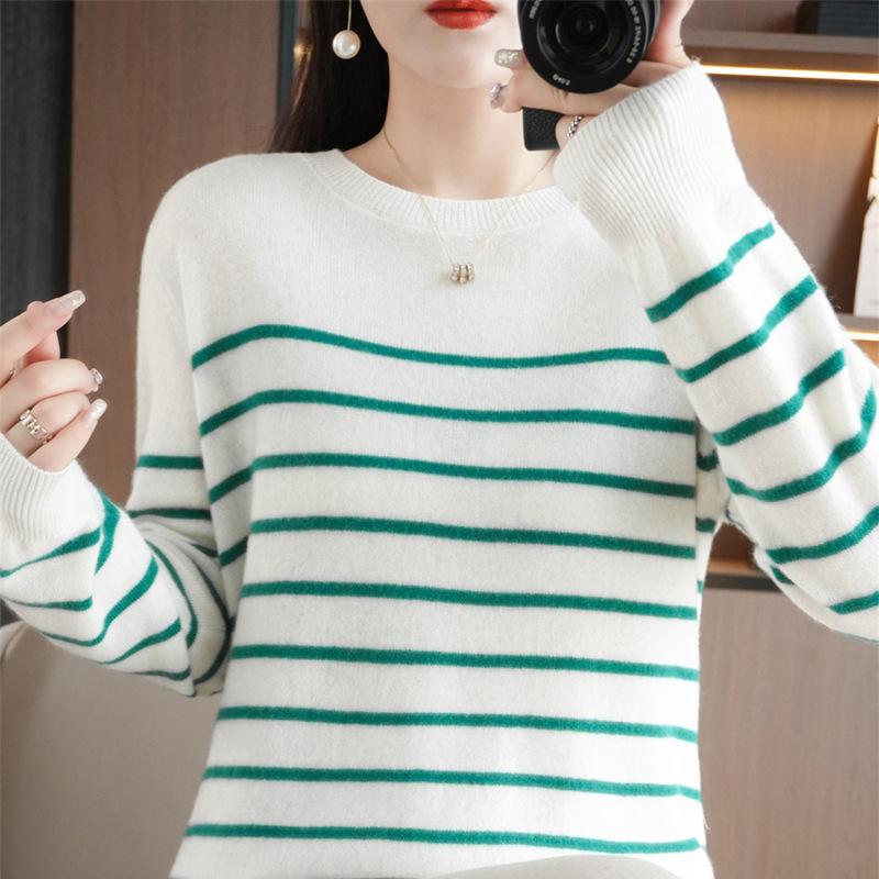 Autumn Striped Knit Sweater Women's Large Size Round Neck Loose Casual Long-sleeved Bottoming Shirt