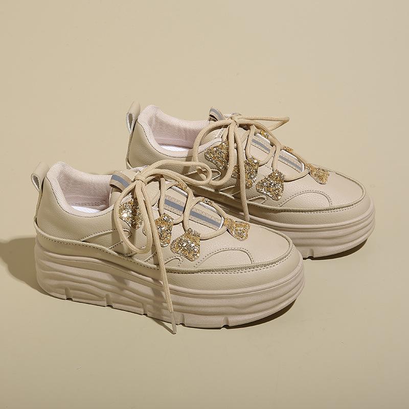 2024 Women's Platform Sneakers High Quality Casual Sequin Vulcanized Shoes Trendy Breathable White Height Increasing Flat Shoes