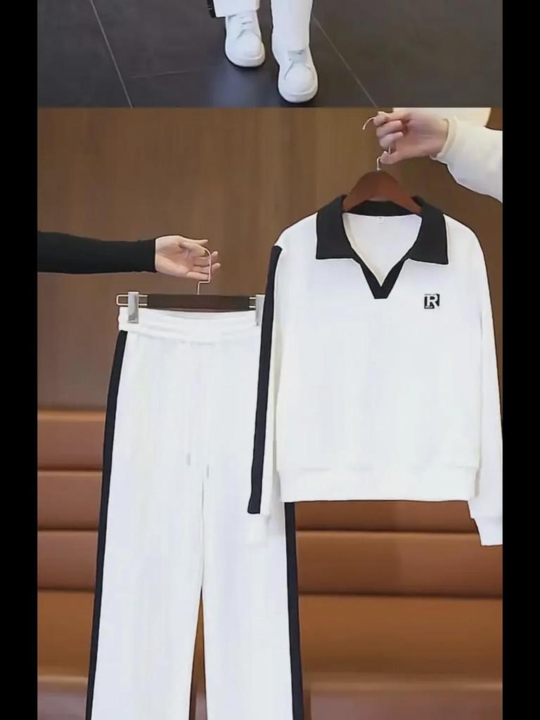 Женский облегающий спортивный костюм из двух частей — стильная простая толстовка с отворотами + спортивные штаны на весну/осень 2023 г.