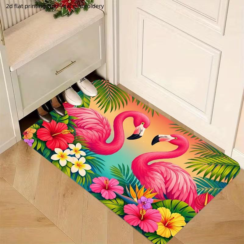 1pc, 2D Flat Printing, Tropical Flamingo Floral Pattern Indoor Mat, Doorway Entrance Rug, Non-Slip And Machine Washable Polyester Carpet, Suitable for