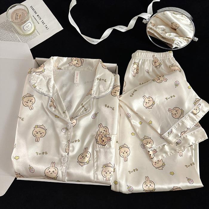 Korean version of the new spring and autumn long-sleeved ice silk pajamas for women, loose and thin cartoon loungewear, student silk suit for women