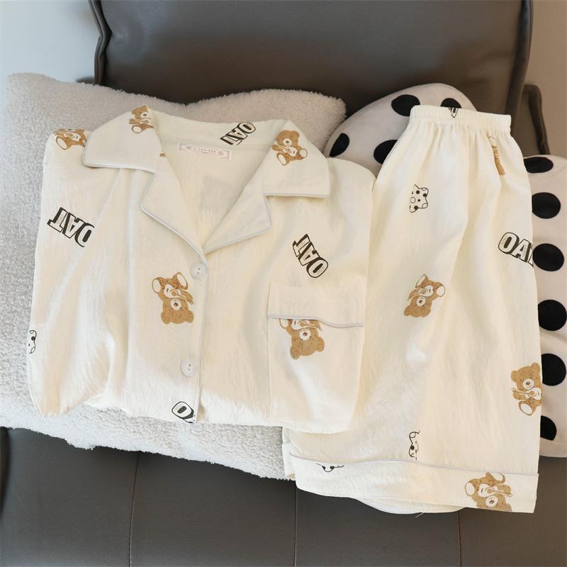 Fun Letter Bear Print Pajamas for Women Cartoon Sweet Cute Casual Women 2 Piece Set Homewear Simple Sleepwear Pajamas Set