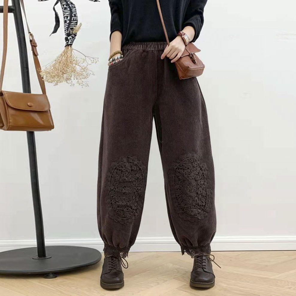 Women Corduroy Plus Plush Harem Pants Autumn Winter High Waist Baggy Trousers Warm Lined Vintage Trousers