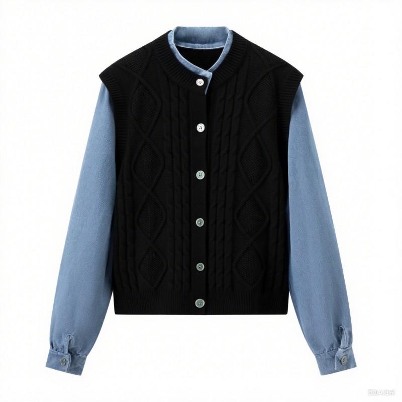 Fashion Trendy Denim Knit Fake Two-Piece Top Street Style Round Neck Long Sleeve Cardigan