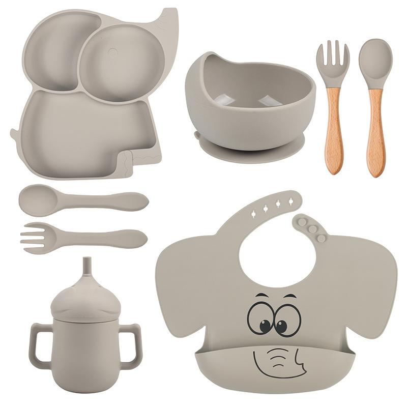 8 шт./компл. набор силиконовой посуды «Слоненок», детские блюда для кормления, миска без бисфенола А, тарелка, нагрудники, наборы ложек и вилок, детская нескользящая посуда