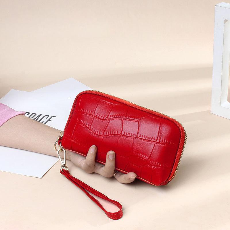 Женская сумка-клатч из натуральной кожи All-Match Stone Embossed Long Mobile Phone Bag на запястье с застежкой-молнией