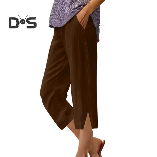 Женские укороченные брюки с эластичной талией, широкие пляжные брюки с карманами, однотонные повседневные брюки свободного кроя