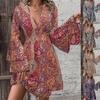2024 Elegant Paisley V-Neck Flare Sleeve Dress for Women - Autumn/Winter Collection.