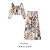 Kaslead New Women Clothes Western Style Fashion Simple Long Sleeve Top Skirt Print Set