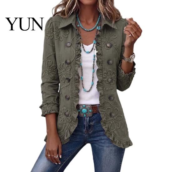 Floral Embellished Blazers Women Bohemia Jacket, Turndown Collar Ruffled Open Front Coat, with Pleats Slim Fit Casual Long Sleeve Outwear for