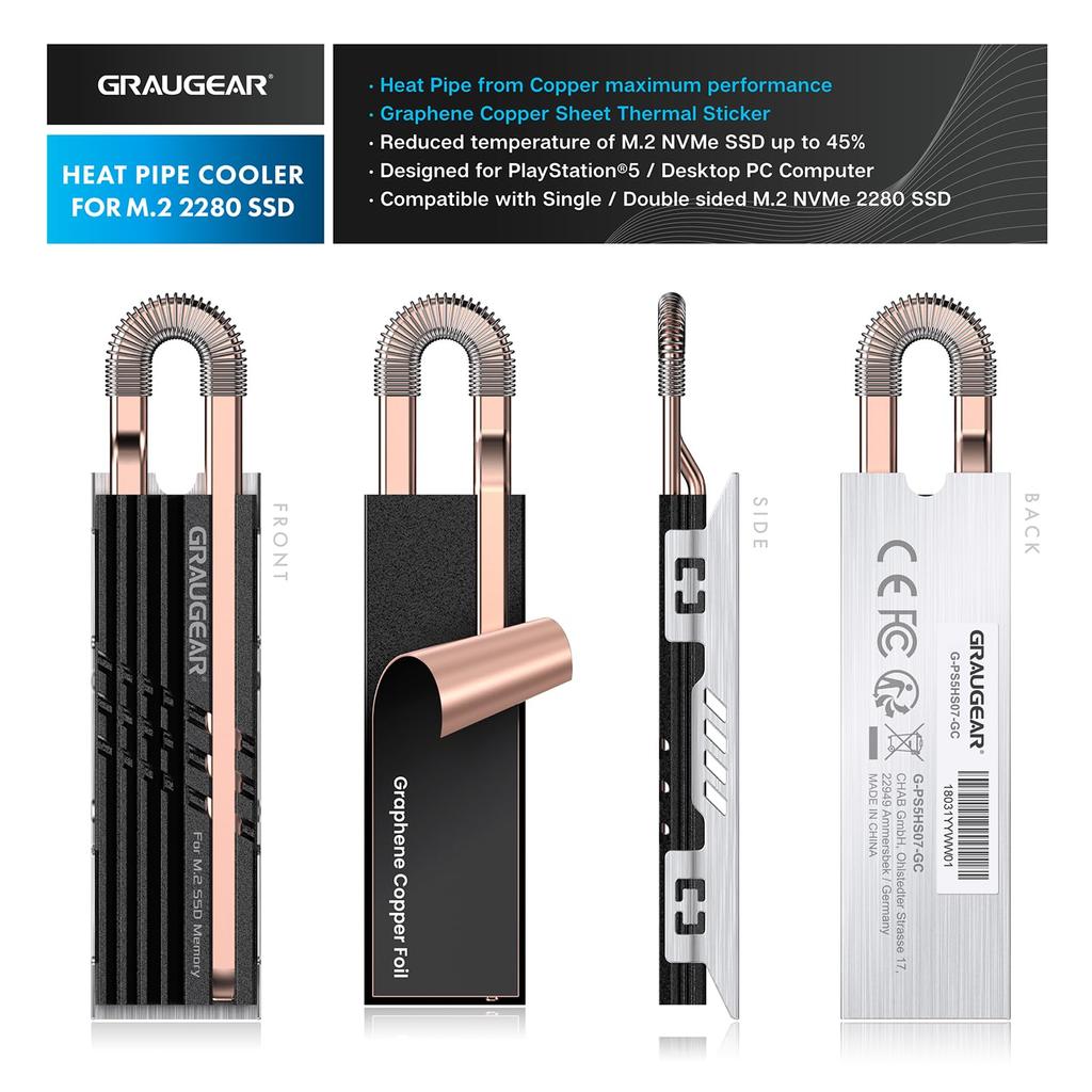 GRAUGEAR Высокопроизводительный радиатор для PS5/ПК M.2 SSD Совместим с NVMe M.2 2280 Медная тепловая трубка + Алюминиевое оребрение Высокая теплоотдача