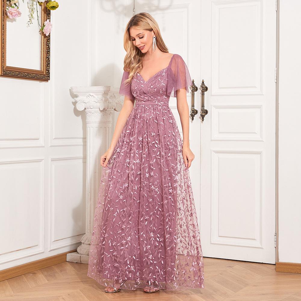 GMXIA Элегантное прозрачное вечернее платье с короткими рукавами, V-образным вырезом и U-образным вырезом на спине, трапециевидное платье с вышивкой и полной подкладкой