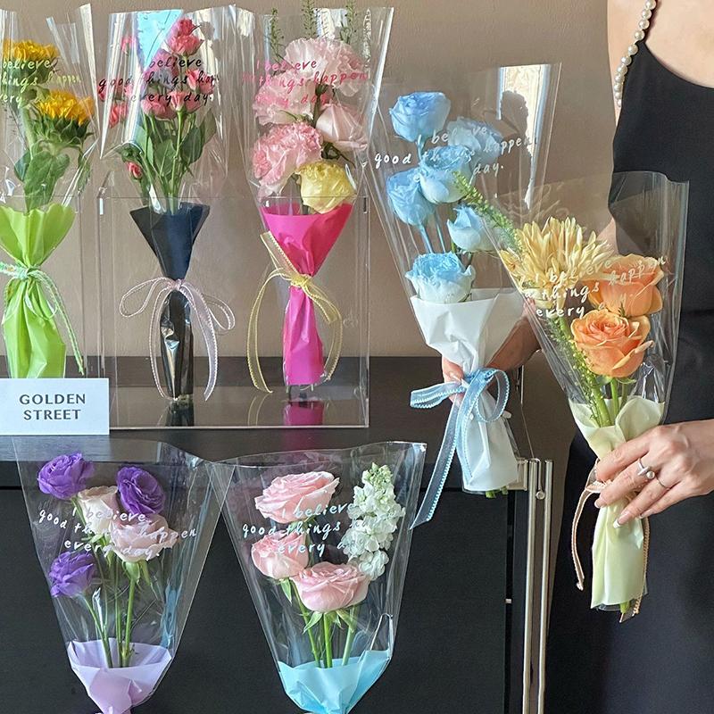 10Pcs Single Rose Sleeves Flower Wrapping Bag Bouquet Packaging Bags Clear Cellophane Floral Wrappers For Valentine'S Day