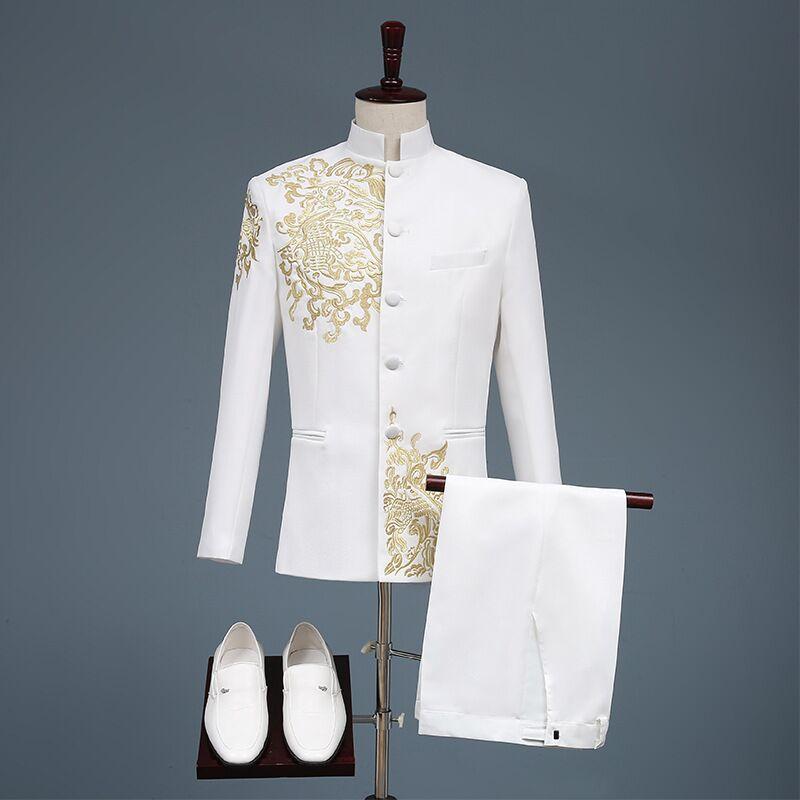 Men Stylish Embroidery Black Red White Blue Gold Floral Pattern 2 Sets Suits Stage Singer Wedding Groom Jacket Pants 2 Pieces