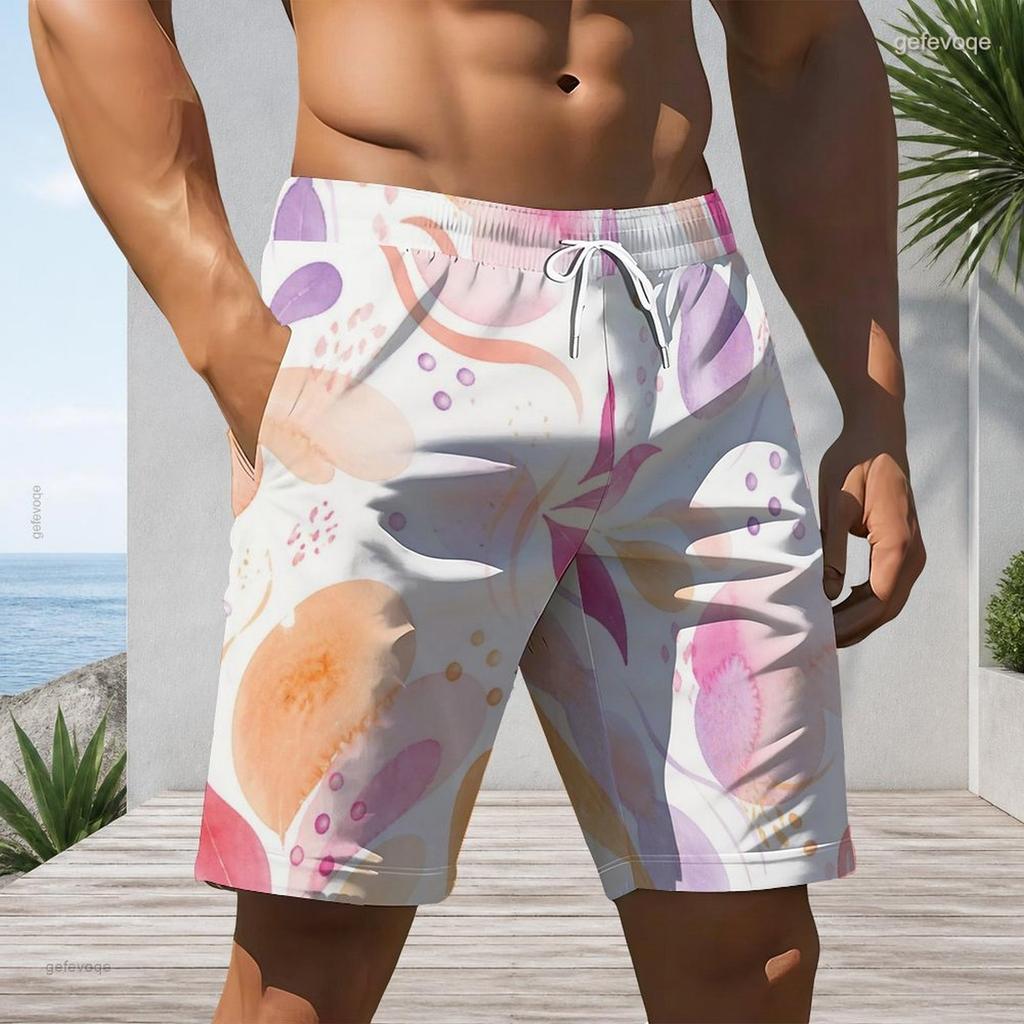 Men s Plus Size Multicolor Printed Beach Shorts Drawstring Waist Side Pockets Straight Leg