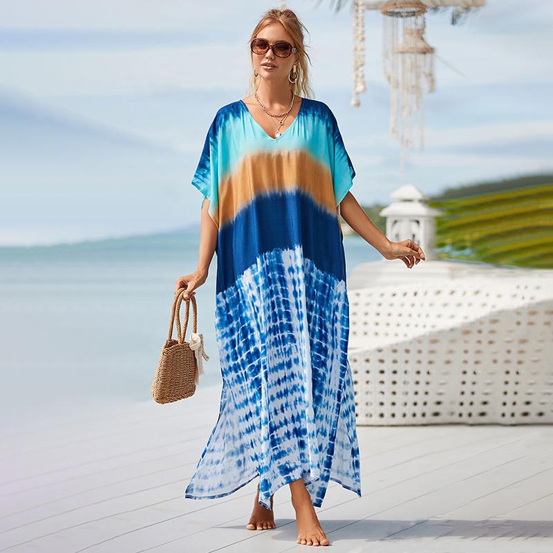 EDOLYNSA Турецкий халат с принтом и рукавами «летучая мышь», летняя туника, купальник больших размеров, накидка для женских купальников, синие платья-кафтаны Q1415