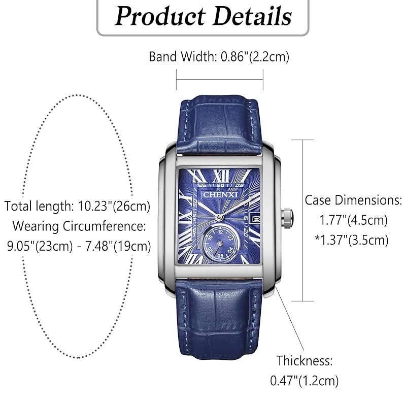 Mens Watches Leather Seiko Copy Clock: Square Dial Hand-wound Watch Cool Watch Roman Numerals Male Leather Belt Adjustable Arm Ornament Blue