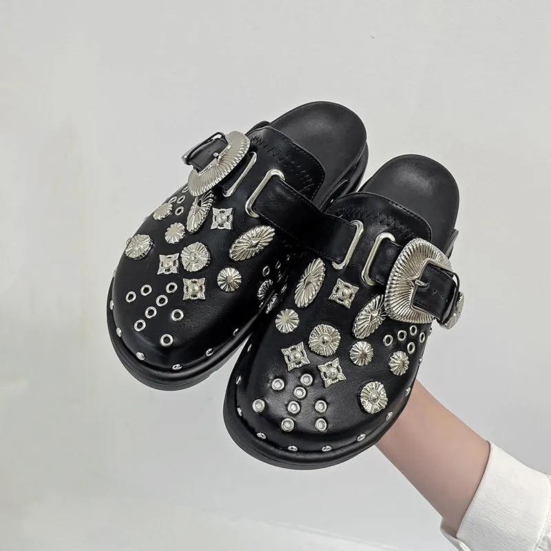 Fashion Summer Women Slippers Platform Rivets Punk Rock Leather Mules Creative Metal Fittings Casual Party Shoes Female Outdoor Slides