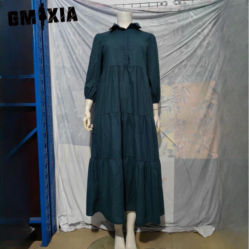 GMXIA Women's Fashion Spring Autumn Solid Color Print Long Sleeve POLO Neck High Waist Casual Dresses