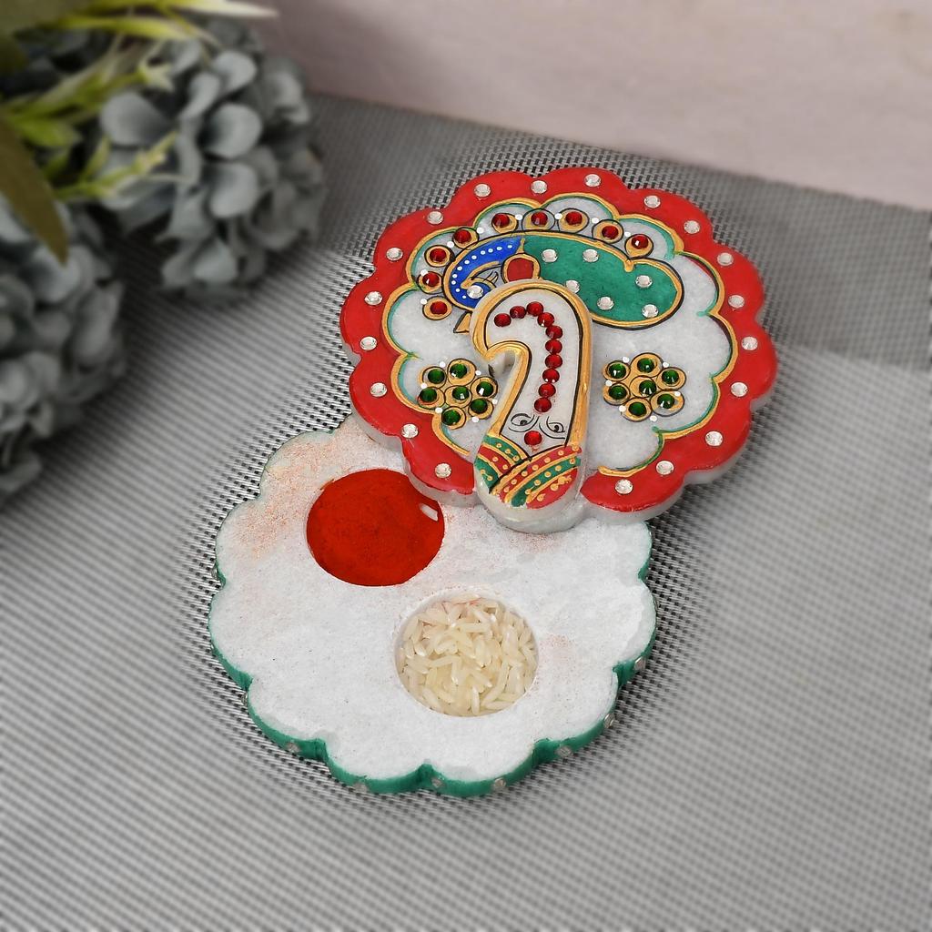 Marble Made Round Shape Roli Rice Kumkum Ganesh Chopra for Tilak Tika, Wedding Gifts, Raksha Bhandhan Gift