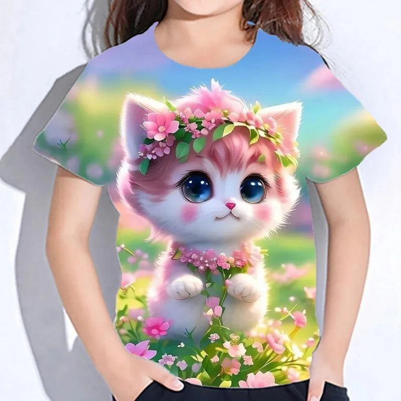 Детская одежда 3D-принт Kawaii Cat Pattern Футболки с коротким рукавом Топы 2025 Детская одежда Одежда для девочек и мальчиков от 2 до 8 лет