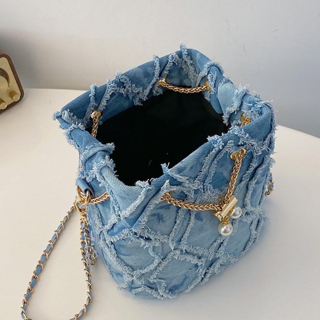 Ling Grid Chain Bucket Bag, Simple Crossbody Bag, Women's Trendy Drawstring Tassel Shoulder Bag