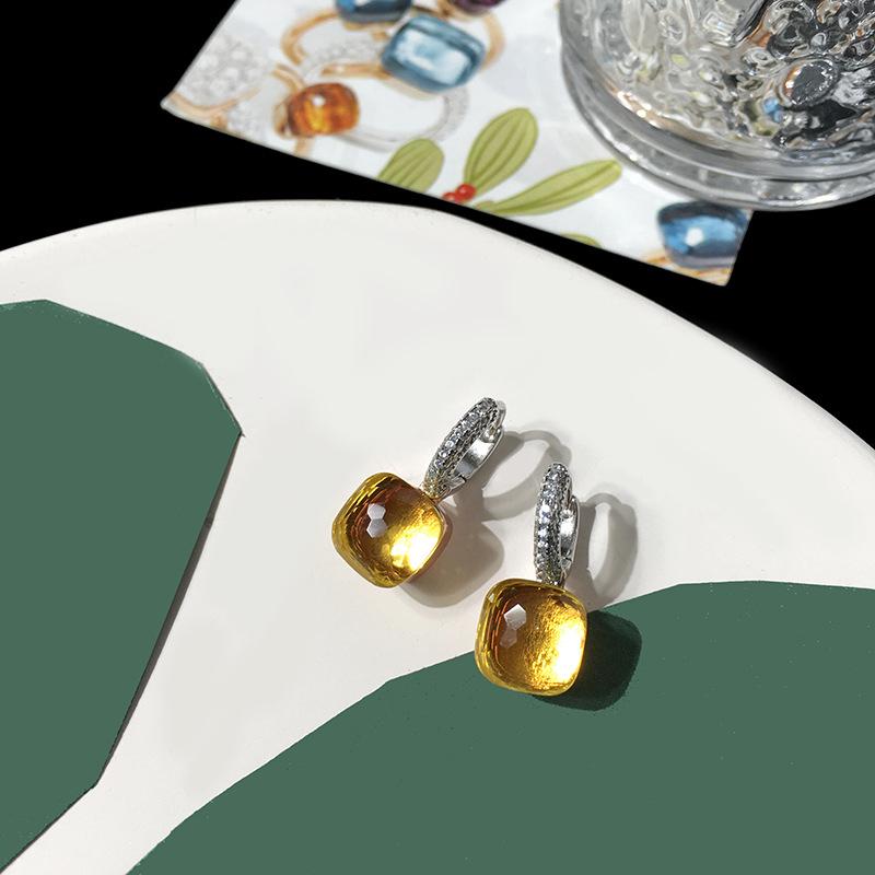 Серебряные серьги с темперой и бриллиантами конфетного цвета, квадратные серьги-гвоздики с кристаллами