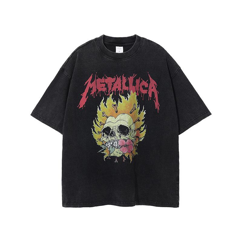 ARTIE Men's Washed Retro Skull Flame T-Shirt - Dark Loose Fit, Trendy Short Sleeve