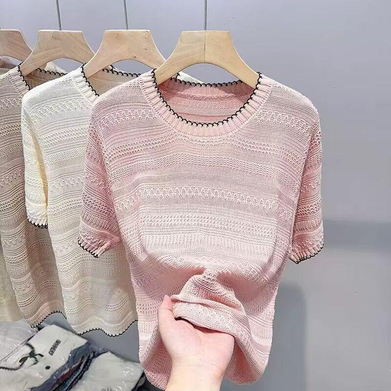 Ажурная вязаная футболка с коротким рукавом для женщин, летний стильный и свободный тонкий топ