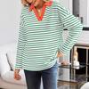 Spring Autumn Women's Striped V-Neck Loose Sweatshirt Lapel Sweatshirt