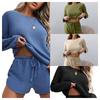 Women's Two-Piece Fall and Winter Pajamas Casual Round Neck Long-Sleeved Wide-Legged Shorts Waffle Comfortable Homewear Suit